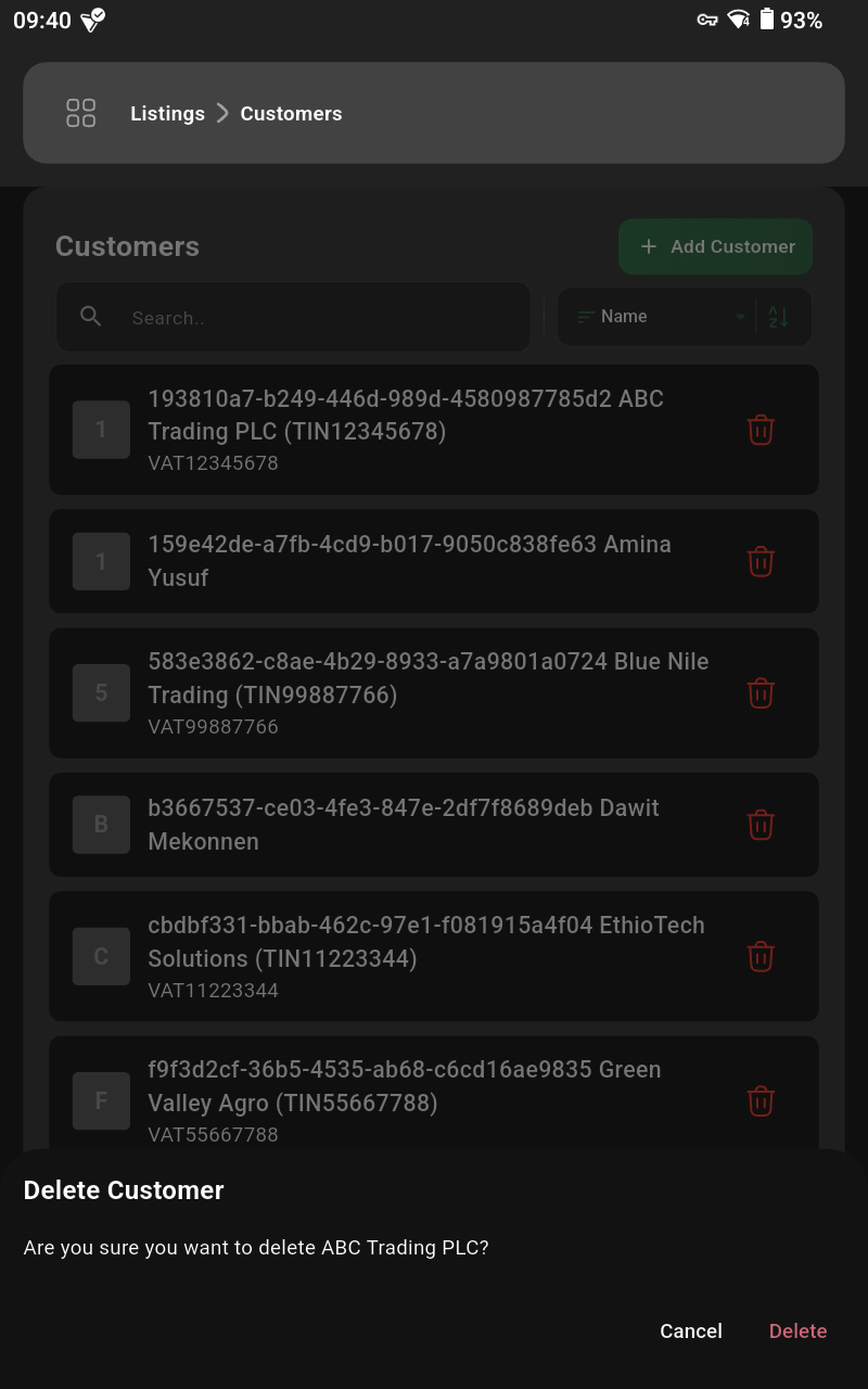 Delete customer confirmation