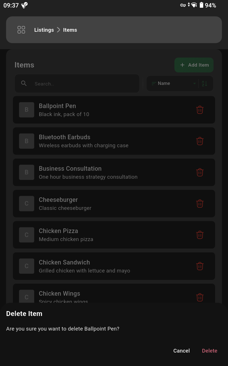 Delete item confirmation