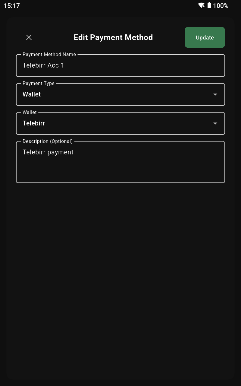 Payment method form filled